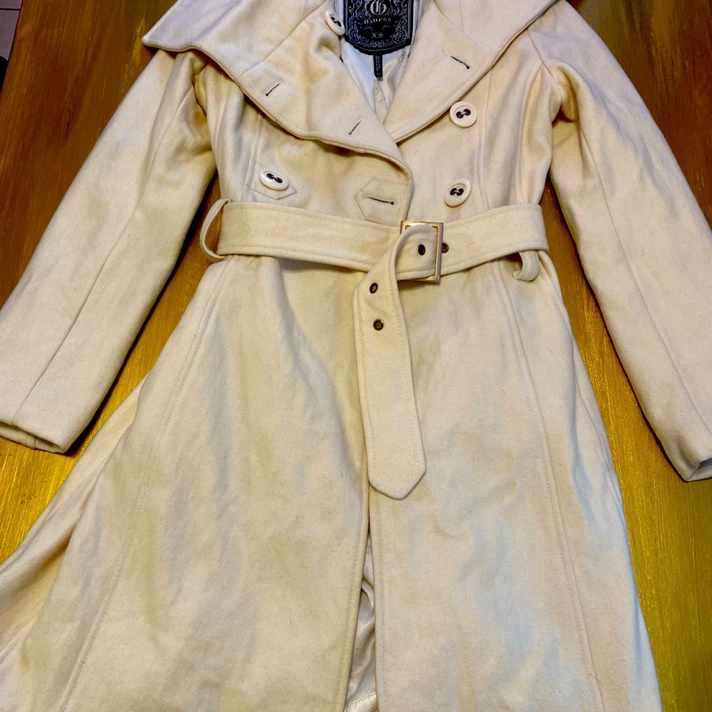 XS GUESS Ivory Wool Mid-Length Winter Coat